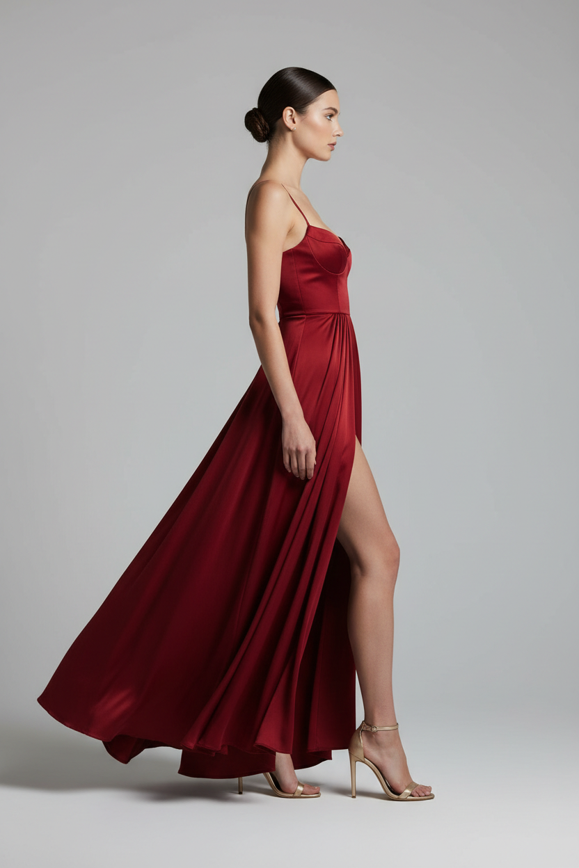 generate an image for The Siren Red Slit Dress sideward pic